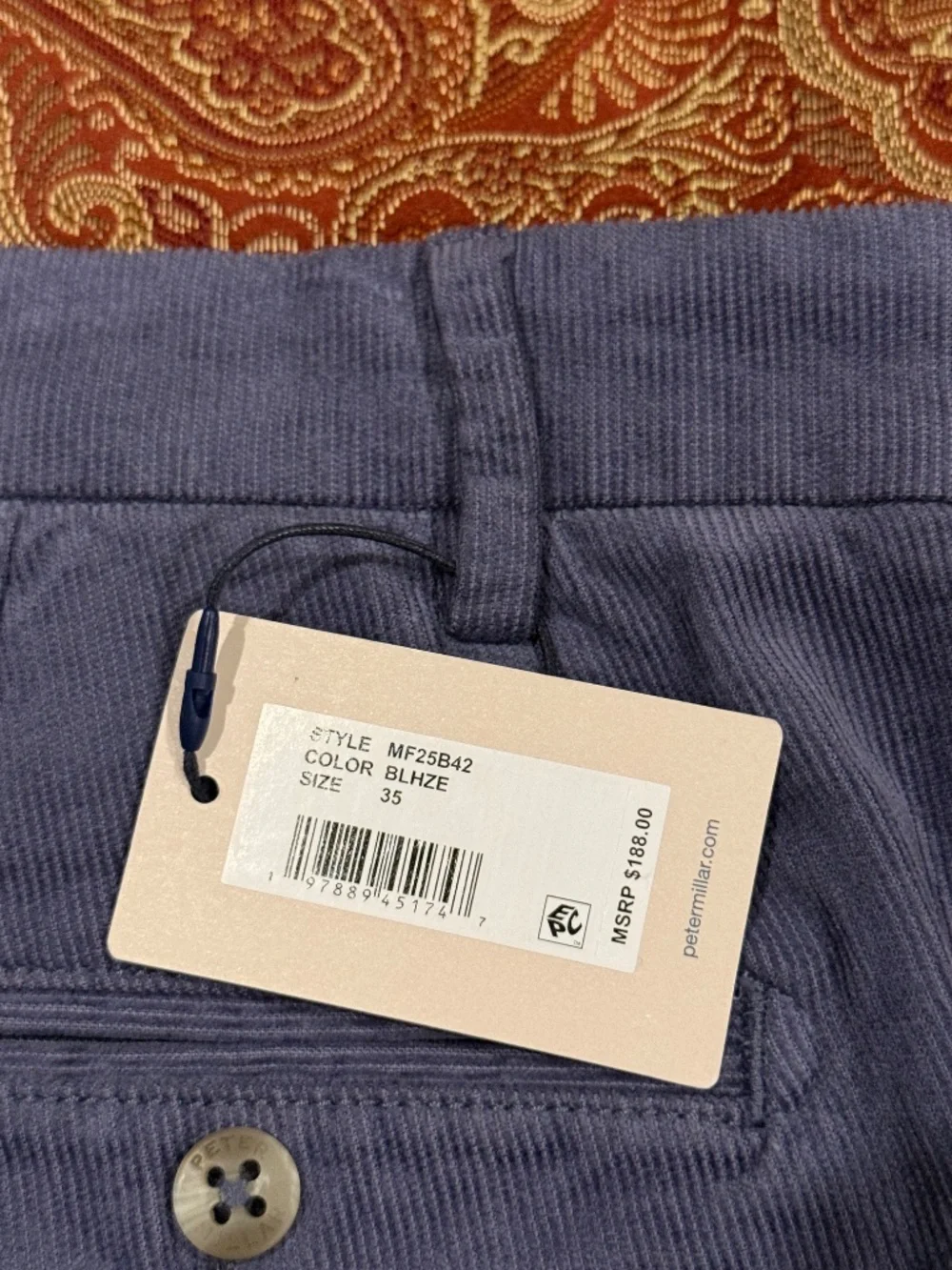 Peter Millar Men's Size 35 Blue Haze Superior Soft Corduroy Pant MSRP $188
